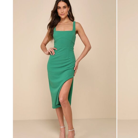 NWT Lulus Vibrant Allure Green Square Neck Sleeveless Bodycon Midi Dress - Picture 1 of 6